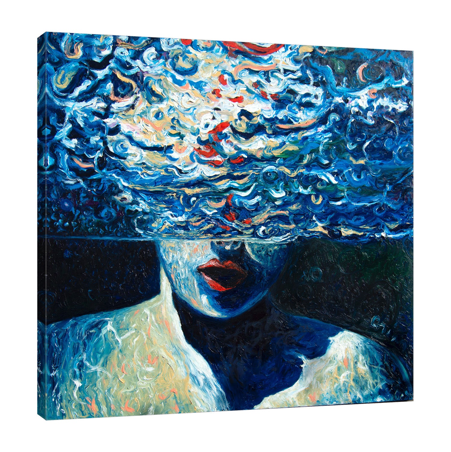 Chiara-Magni,Coastal,Modern & Contemporary,Nautical & Beach,People,Finger-paint,blue,woman,lady,swirls,white,red,lips,coastal,black,water,