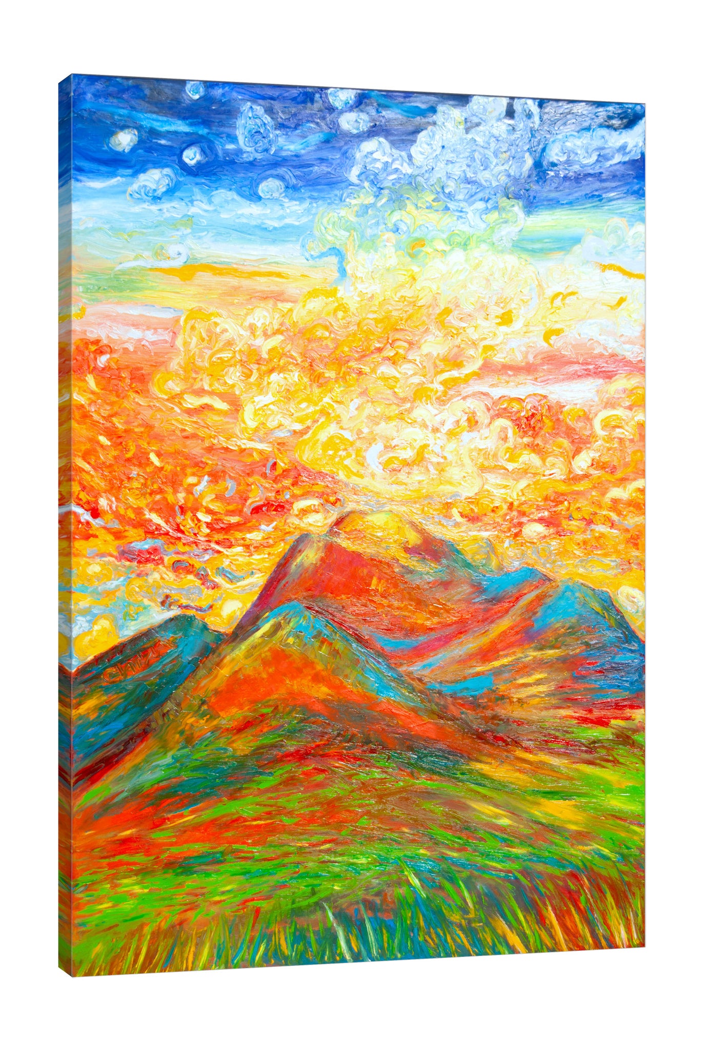Chiara-Magni,Modern & Contemporary,Landscape & Nature,Finger-paint,clouds,scenery,mountains,skies,blue,yellow,orange,red,green,grass,portrait,