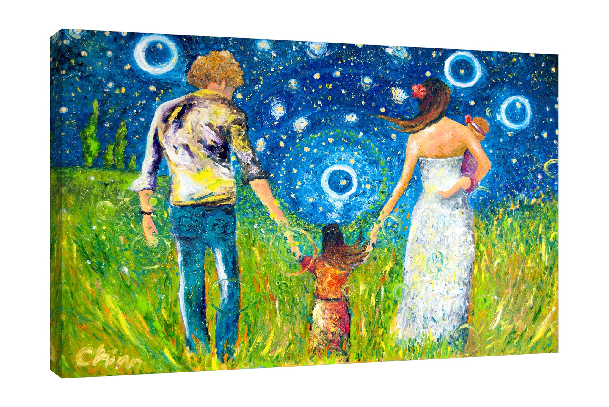 Chiara-Magni,Modern & Contemporary,People,Landscape & Nature,Finger-paint,family,mother,father,daughter,people,night,stars,circles,grass,trees,scenery,landscape,