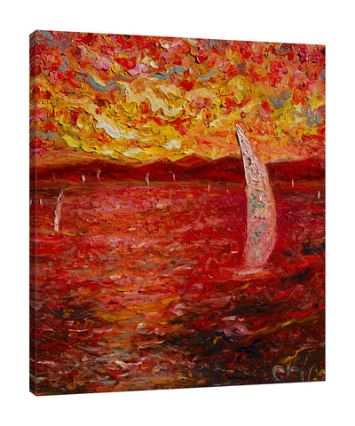 Chiara-Magni,Coastal,Modern & Contemporary,Nautical & Beach,Transportation,Finger-paint,coastal,boat,boats,transportation,red,yellow,pink,mountains,skies,clouds,