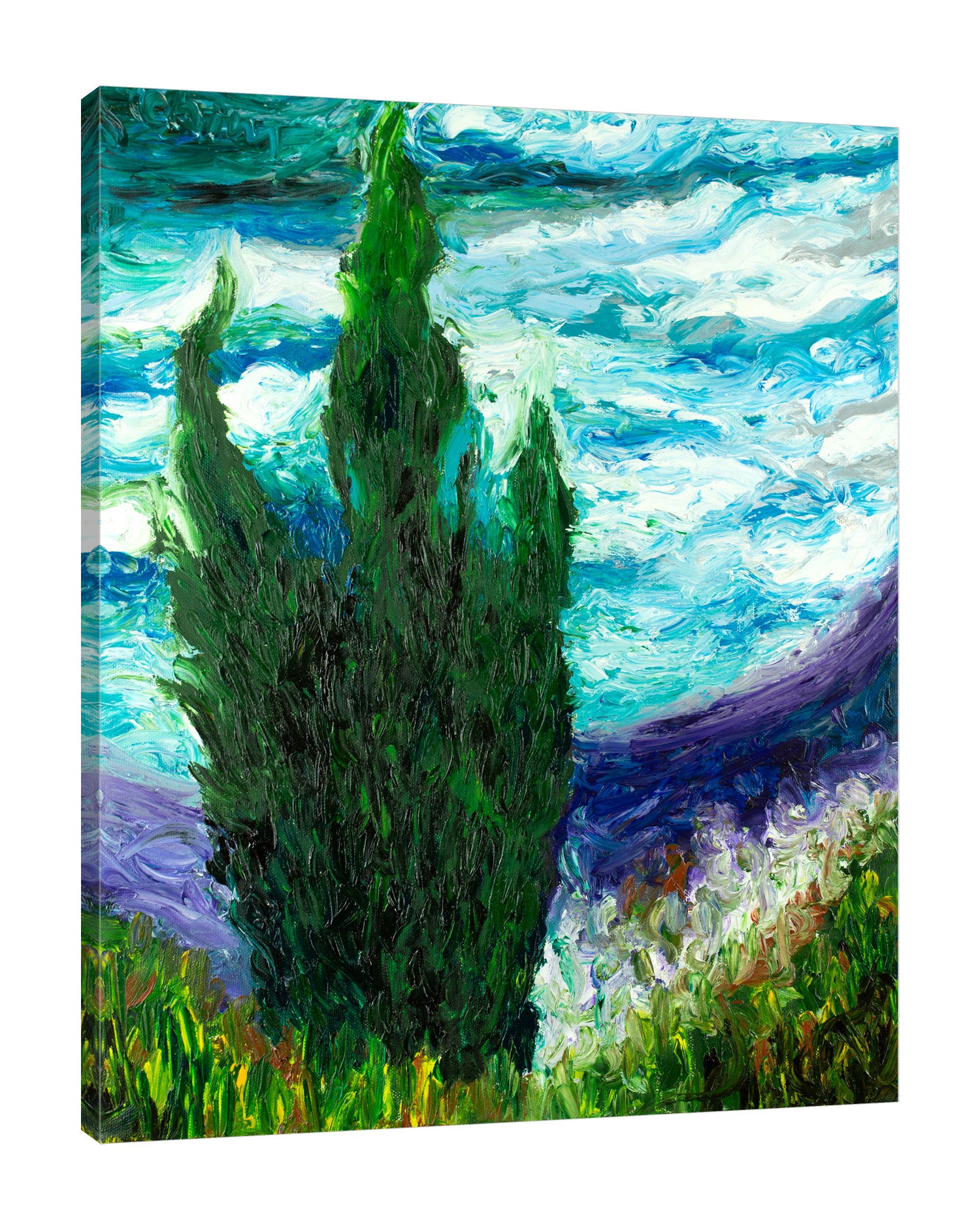 Chiara-Magni,Modern & Contemporary,Landscape & Nature,Finger-paint,trees,tree,mountains,mountain,grass,blue,skies,clouds,portrait,