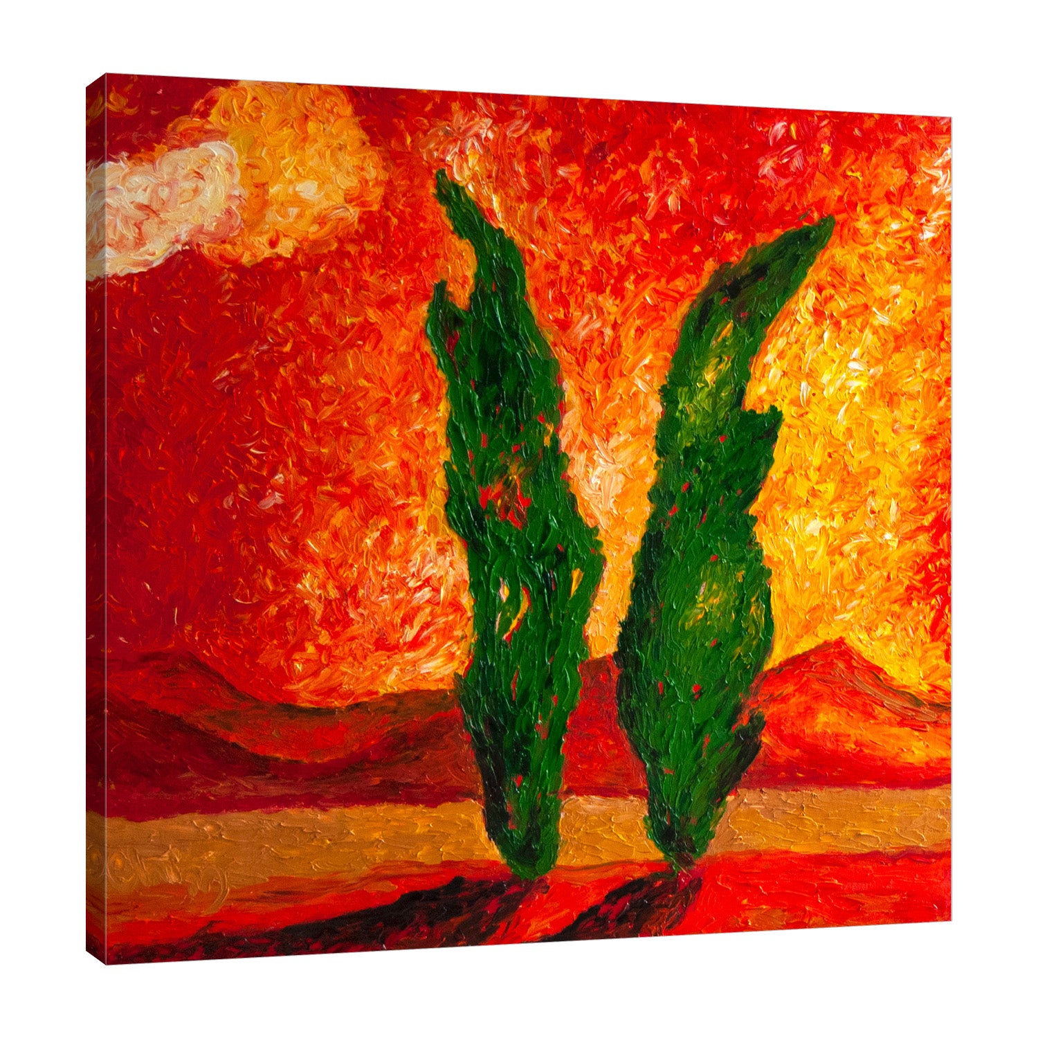 Chiara-Magni,Modern & Contemporary,Landscape & Nature,Finger-paint,trees,tree,red,black,mountains,skies,clouds,green,yellow,
