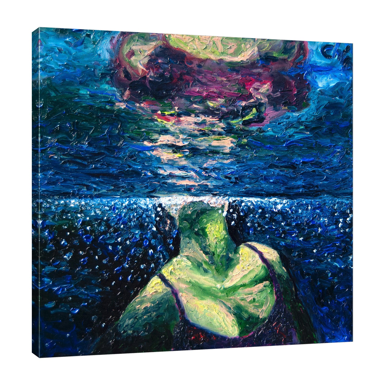 Chiara-Magni,Coastal,Modern & Contemporary,People,Fantasy & Sci-Fi,Nautical & Beach,Finger-paint,woman,lady,floating,swimming,coastal,water,strokes,night,blue,green,red,navy,