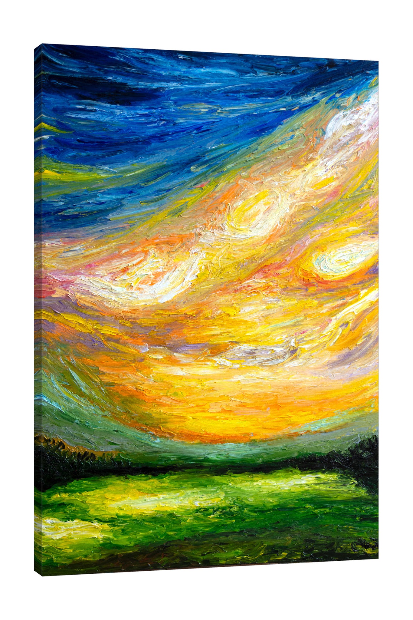 Chiara-Magni,Modern & Contemporary,Landscape & Nature,Finger-paint,abstract,yellow,green,blue,skies,clouds,sunset,white,navy,teal,