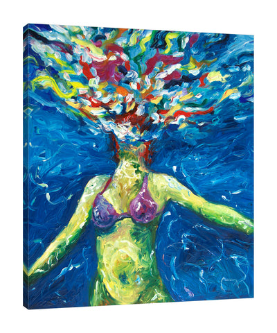 Chiara-Magni,Coastal,Modern & Contemporary,People,Fantasy & Sci-Fi,Nautical & Beach,Finger-paint,woman,lady,swimming,swim,bathing suit,two piece,bikini,floating,blue,coastal,