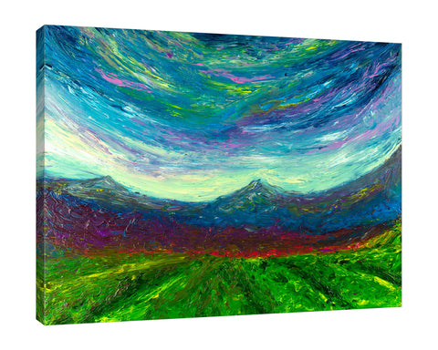 Chiara-Magni,Modern & Contemporary,Landscape & Nature,Finger-paint,blue,mountains,green,farm,landscape,white,red,skies,