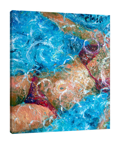 Chiara-Magni,Modern & Contemporary,Nautical & Beach,People,Fashion,Finger-paint,woman,lady,swimming,swim,bathing suit,two piece,bikini,floating,blue,coastal,red,