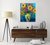 Iris-Scott,Modern & Contemporary,Floral & Botanical,Animals,sunflowers,sunflower,vases,vase,vessel,vessels,animals,animal,peacocks,peacock,blue,black,tree,flowers,flower,florals,floral,bouquets,bouquet,leaves,leaf,black,blue,yellow,