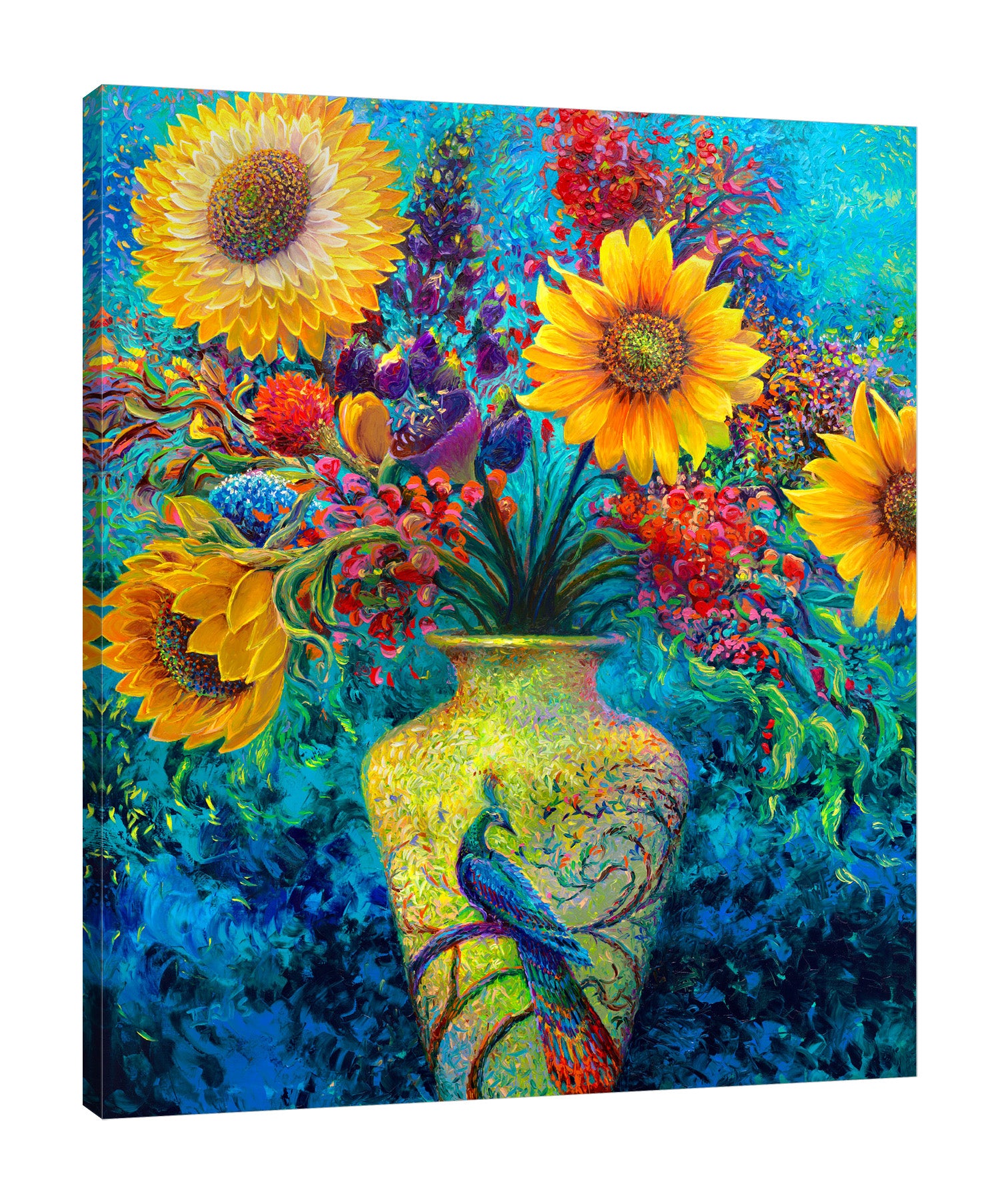 Iris-Scott,Modern & Contemporary,Floral & Botanical,Animals,sunflowers,sunflower,vases,vase,vessel,vessels,animals,animal,peacocks,peacock,blue,black,tree,flowers,flower,florals,floral,bouquets,bouquet,leaves,leaf,black,blue,yellow,