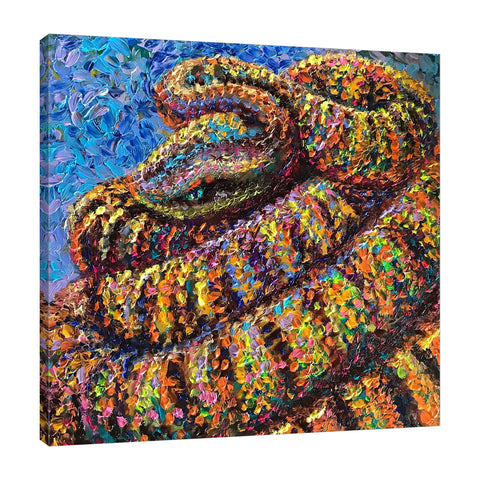 Iris-Scott,Modern & Contemporary,Animals,texturized,textured,snakes,snake,reptiles,reptile,poised,pose,eyes,eye,fingerpaint,finger paints,yellow,orange,blue,