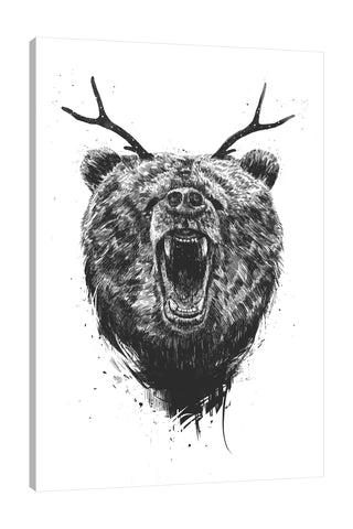 Balazs-Solti,Modern & Contemporary,Animals,animals,animal,bear,bears,angry,antlers,antler,spots,strokes,stroke,black and white,Red,Mist Gray,Charcoal Gray