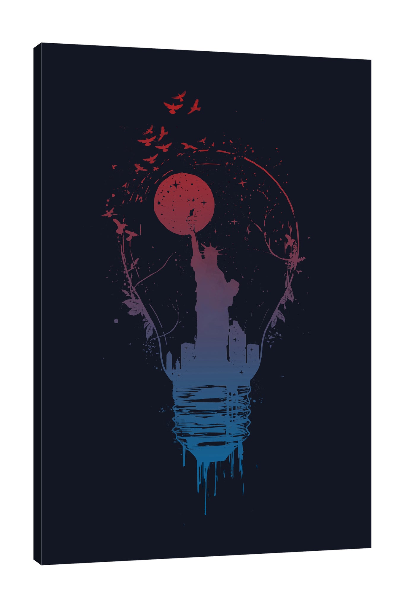 Balazs-Solti,Modern & Contemporary,Animals,Buildings & Cityscapes,new york,silhoutte,silhouttes,liberty,statue of liberty,birds,bird,animals,animal,drips,drip,paint drip,paint drips,leaves,leaf,Red,Navy Blue,Black