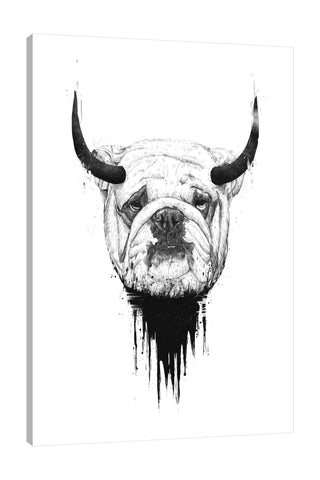 Balazs-Solti,Modern & Contemporary,Animals,animals,animal,bulldog,bulldogs,paint drips,paint drip,horns,horn,dog,dogs,black and white,Mist Gray,Salmon Pink,Black,White