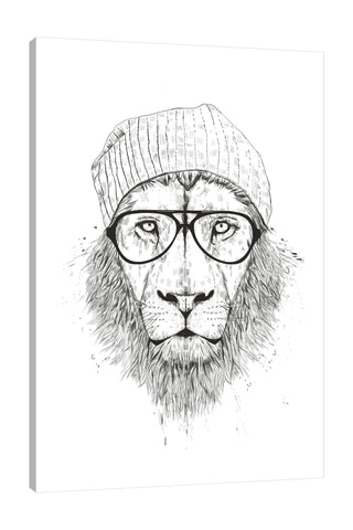 Balazs-Solti,Modern & Contemporary,Animals,Fashion,Entertainment,animals,animal,lion,lions,hat,eyeglass,eyeglasses,black and white,drawing,Salmon Pink,Gray,White