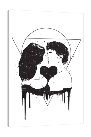 Balazs-Solti,Modern & Contemporary,People,Geometric,people,man,woman,couple,lovers,kissing,kiss,cosmic,shapes,shape,triangle,triangles,circle,circles,black and white,splatters,splatter,stars,sparkling,sparkle,paint drips,paint drip,drips,drip,Mist Gray,Teal Blue,Red,White
