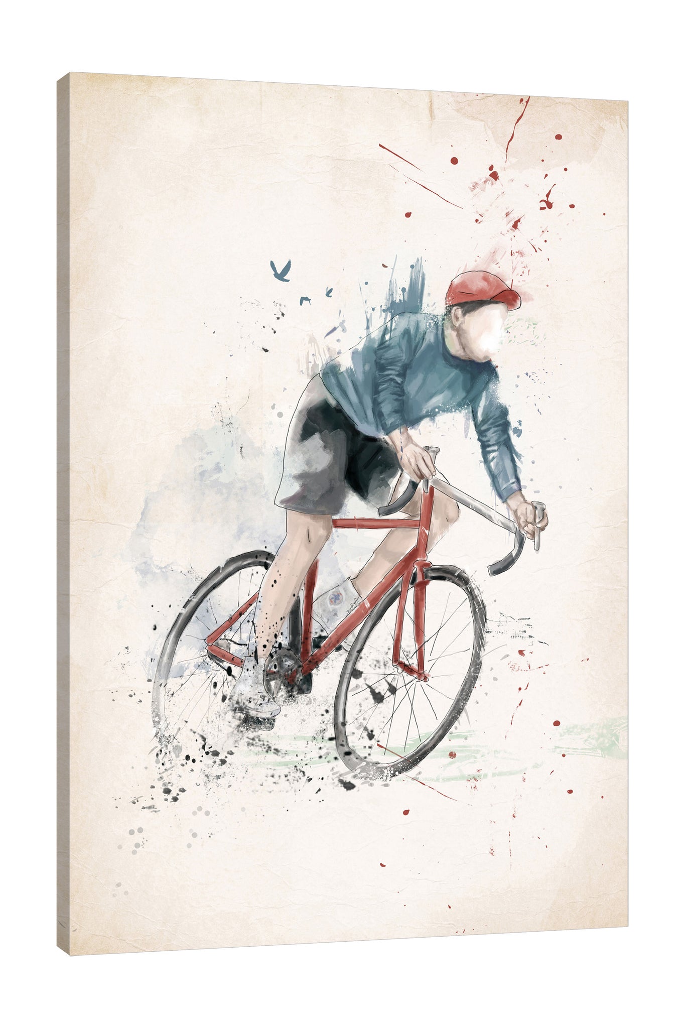 Balazs-Solti,Modern & Contemporary,People,Transportation,Animals,man,men,bicycle,bicycles,transportation,bike,bikes,splatters,splatter,birds,bird,animals,animal,Mist Gray,Lavender Purple,Gray,Sky Blue,Charcoal Gray,Salmon Pink,Yellow,White