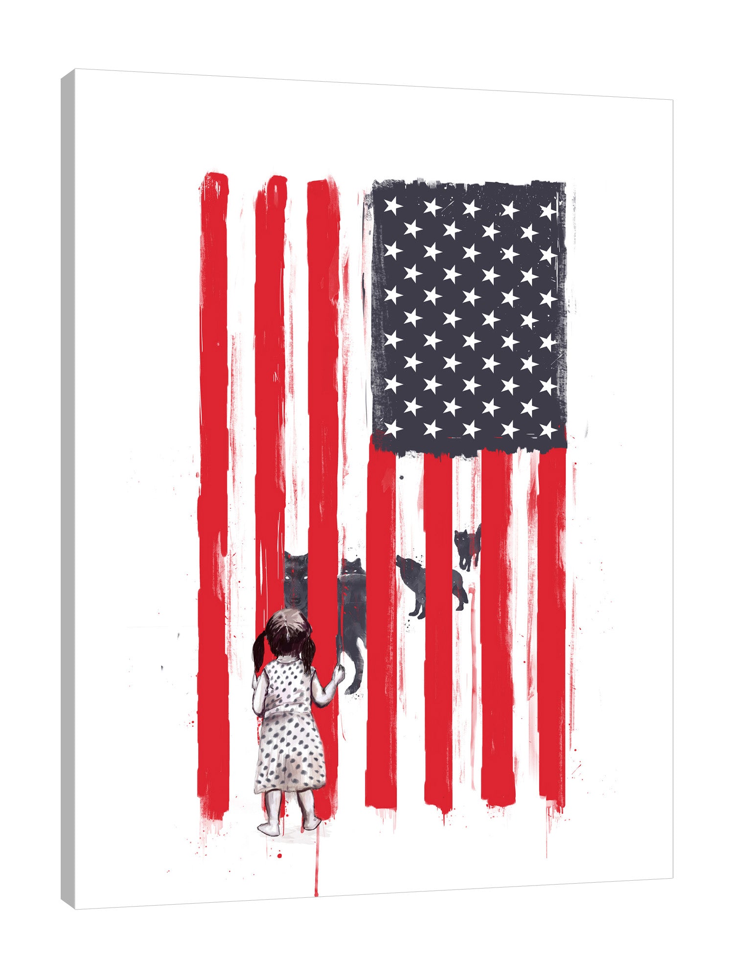 Balazs-Solti,Modern & Contemporary,Animals,People,animals,animal,wolves,wolf,kid,kids,girl,girls,us flag,flags,stars,star,stripes,stripe,paint drips,paint drip,drips,drip,Mist Gray,Gray,Coral Pink,Pale Yellow,White