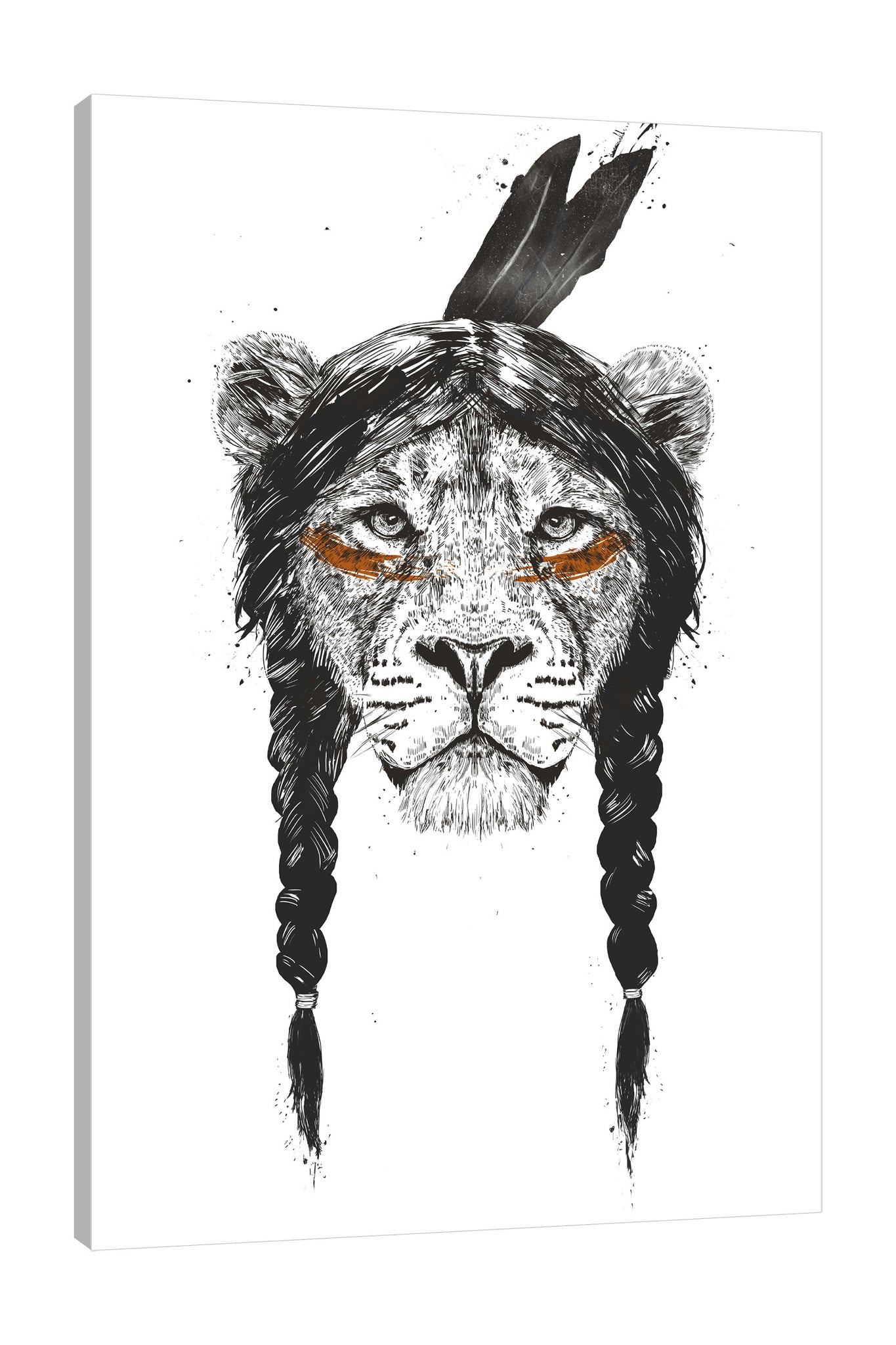Balazs-Solti,Modern & Contemporary,Animals,animals,animal,lions,lion,braids,brad,warrior,warriors,feathers,feather,brave,spots,spot,Mist Gray,Charcoal Gray,White