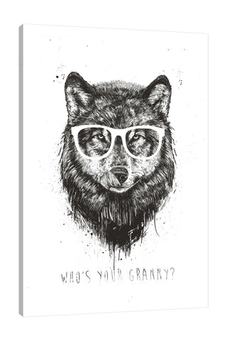 Balazs-Solti,Modern & Contemporary,Animals,Entertainment,animals,animal,eyeglass,eyeglasses,wolf,wolves,paint drips,paint drip,drip,dips,words and phrases,whos your granny,black and white,Mist Gray,Charcoal Gray,Salmon Pink,White