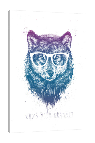 Balazs-Solti,Modern & Contemporary,Animals,Entertainment,animals,animal,eyeglass,eyeglasses,wolf,wolves,paint drips,paint drip,drip,dips,words and phrases,whos your granny,Charcoal Gray,Gray,Salmon Pink,White