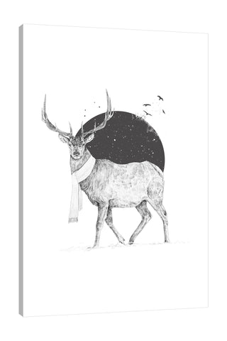 Balazs-Solti,Modern & Contemporary,Animals,animals,animal,moon,stars,star,moons,birds,bird,deers,deer,antlers,antler,brown,black,white,winter,Mist Gray,Gray
