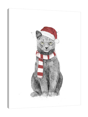 Balazs-Solti,Modern & Contemporary,Animals,animals,animal,cats,cat,santa hat,santa hats,red,gray,grey,winter,feline,Tan Orange,Mist Gray,Gray,Coral Pink