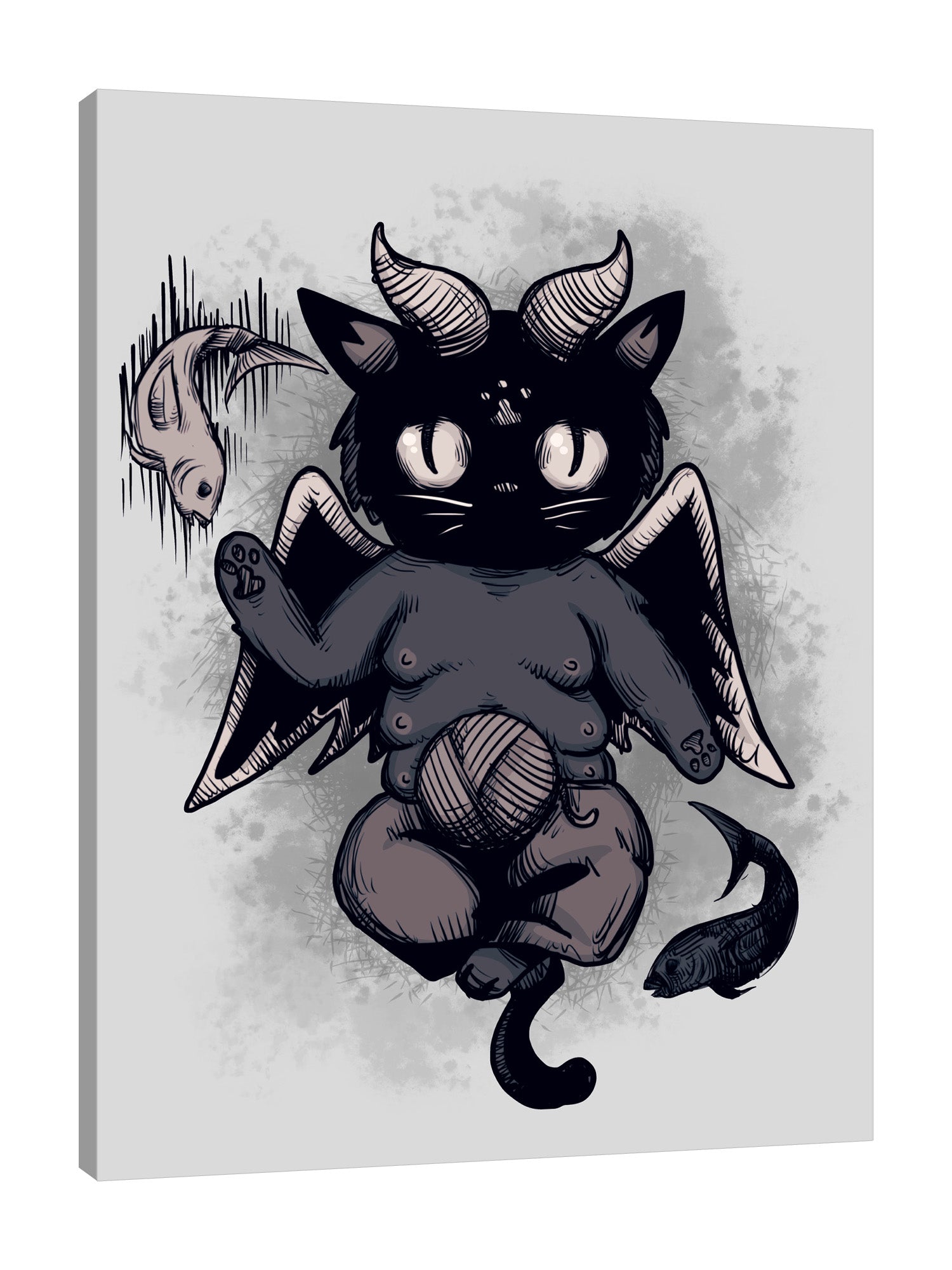 Ludwig-Van-Bacon,Vertical,3X4,Modern & Contemporary,Animals,Entertainment,Fantasy & Sci-Fi,animals,animal,cat,cats,fish,paw,paws,tail,tails,wings,wing,horns,horn,black,gray,grey,yarn,yarns,Purple,Charcoal Gray,White,Black,Gray