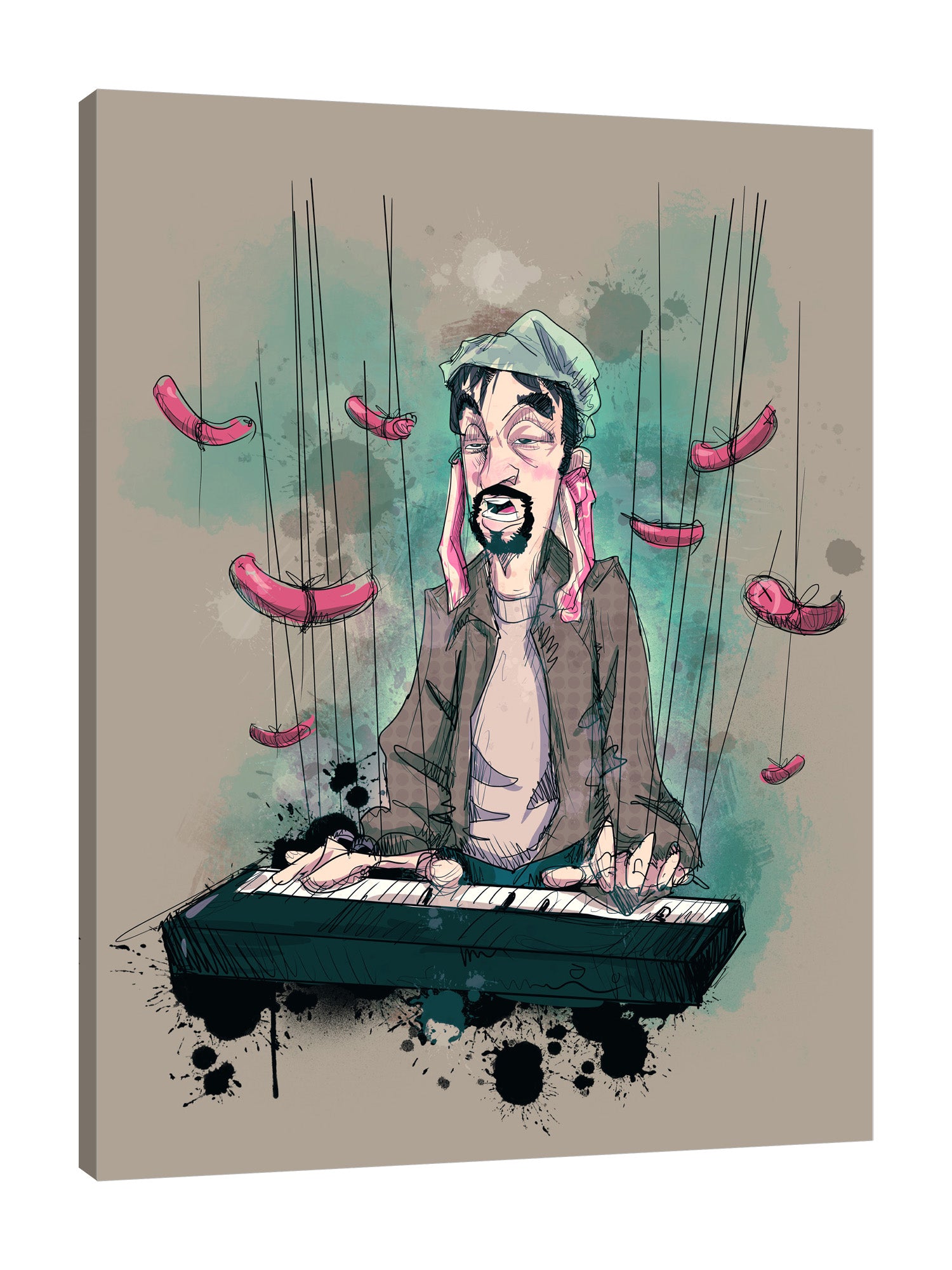 Ludwig-Van-Bacon,Vertical,3X4,Modern & Contemporary,People,Entertainment,Food & Beverage,entertainment,man,daddy,sausage,sausages,food,piano,pianist,musician,music,splatter,splatters,lines,Red,Pale Green,Black,Mint Blue,White,Mist Gray,Gray