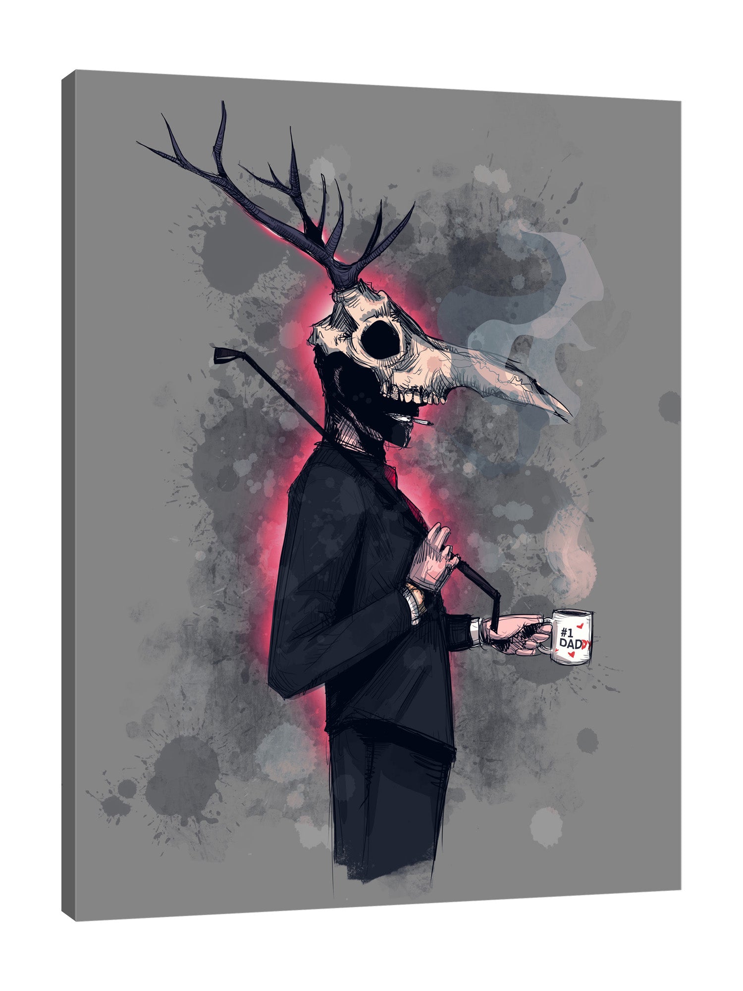 Ludwig-Van-Bacon,Vertical,3X4,Modern & Contemporary,Entertainment,People,Fantasy & Sci-Fi,bdsm,cosplay,words,deer,horns,suits,dad,costume,cup,holding,mug,smoking,smoke,whip,whips,Charcoal Gray,Red,Purple,Blue