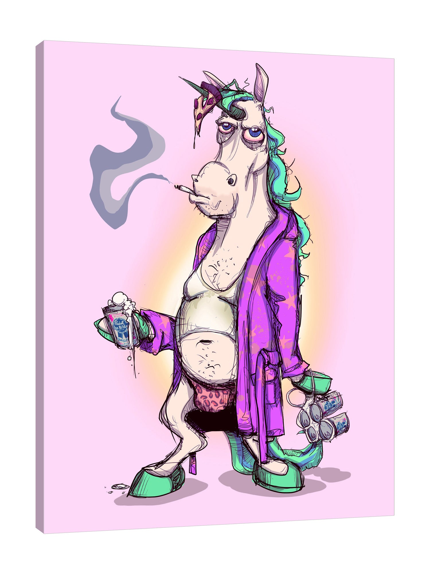 Ludwig-Van-Bacon,Vertical,3X4,Modern & Contemporary,Animals,Humor,People,Entertainment,animals,animal,horses,horse,smoking,smoke,drinking,drink,drinks,don‰۪t give a fu,cans,can,bath robe,robe,Nude Peach,Yellow,Gray,Charcoal Gray,Pale Green,Blue,Purple