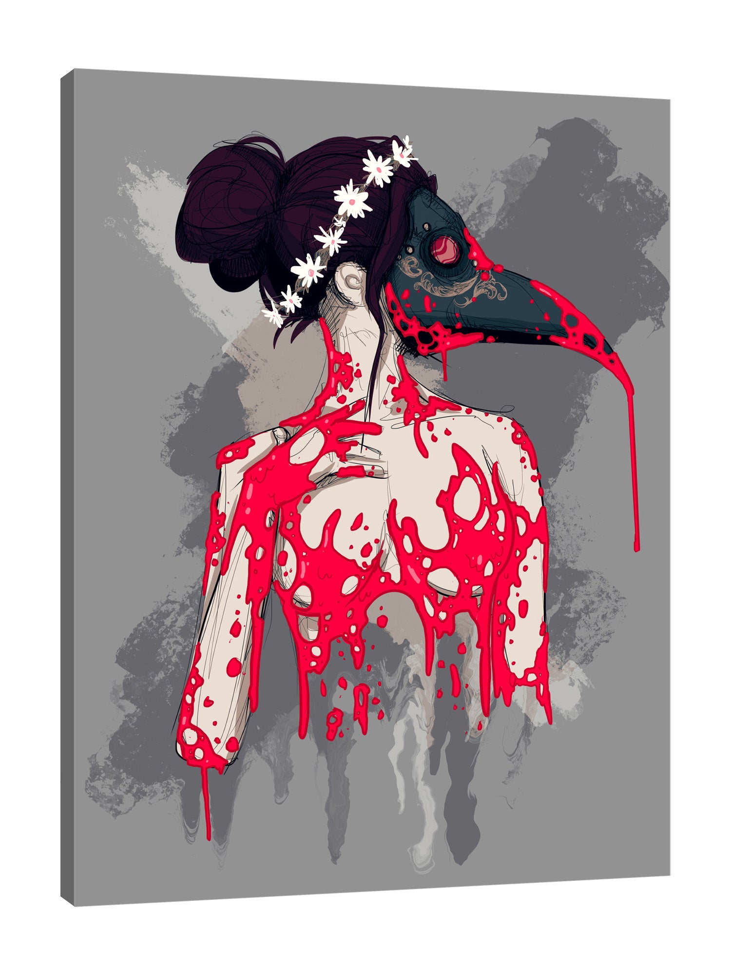Ludwig-Van-Bacon,Vertical,3X4,Modern & Contemporary,Fantasy & Sci-Fi,Entertainment,People,Floral & Botanical,woman,lady,mask,masks,bloody,blood,red,paint drips,drips,paint drip,drip,nude,floral,florals,flower,flowers,Purple,White,Charcoal Gray,Gray,Mist Gray