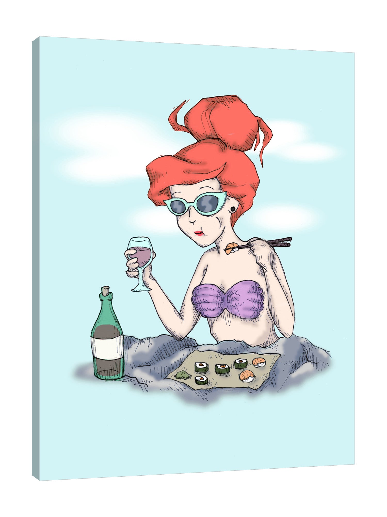 Ludwig-Van-Bacon,Vertical,3X4,Modern & Contemporary,Food & Beverage,Entertainment,People,ariel,little mermaid,disney,princess,princesses,sushi,sushis,eating,eat,eats,drinking,drinks,drink,wine,wine glass,wine glasses,wine bottles,wine bottle,sunglasses,sunglass,glasses,glass,cartoons,animation,Red,Mint Blue,White,Green,Pale Green,Charcoal Gray,Gray