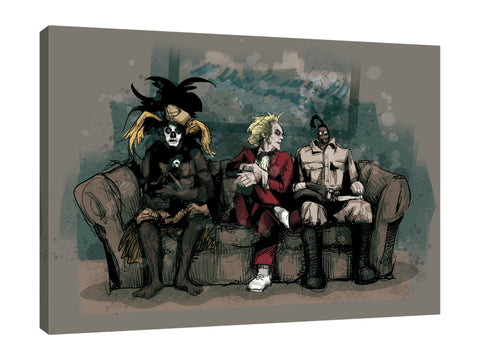 Ludwig-Van-Bacon,Horizontal,4X3,Modern & Contemporary,People,Fantasy & Sci-Fi,Entertainment,waiting room,spook,spooky,entertainment,movies,movie,figure,figures,man,men,guy,sofa,sofas,couch,painting,paintings,scary,Red,Charcoal Gray,Black,Blue,Purple
