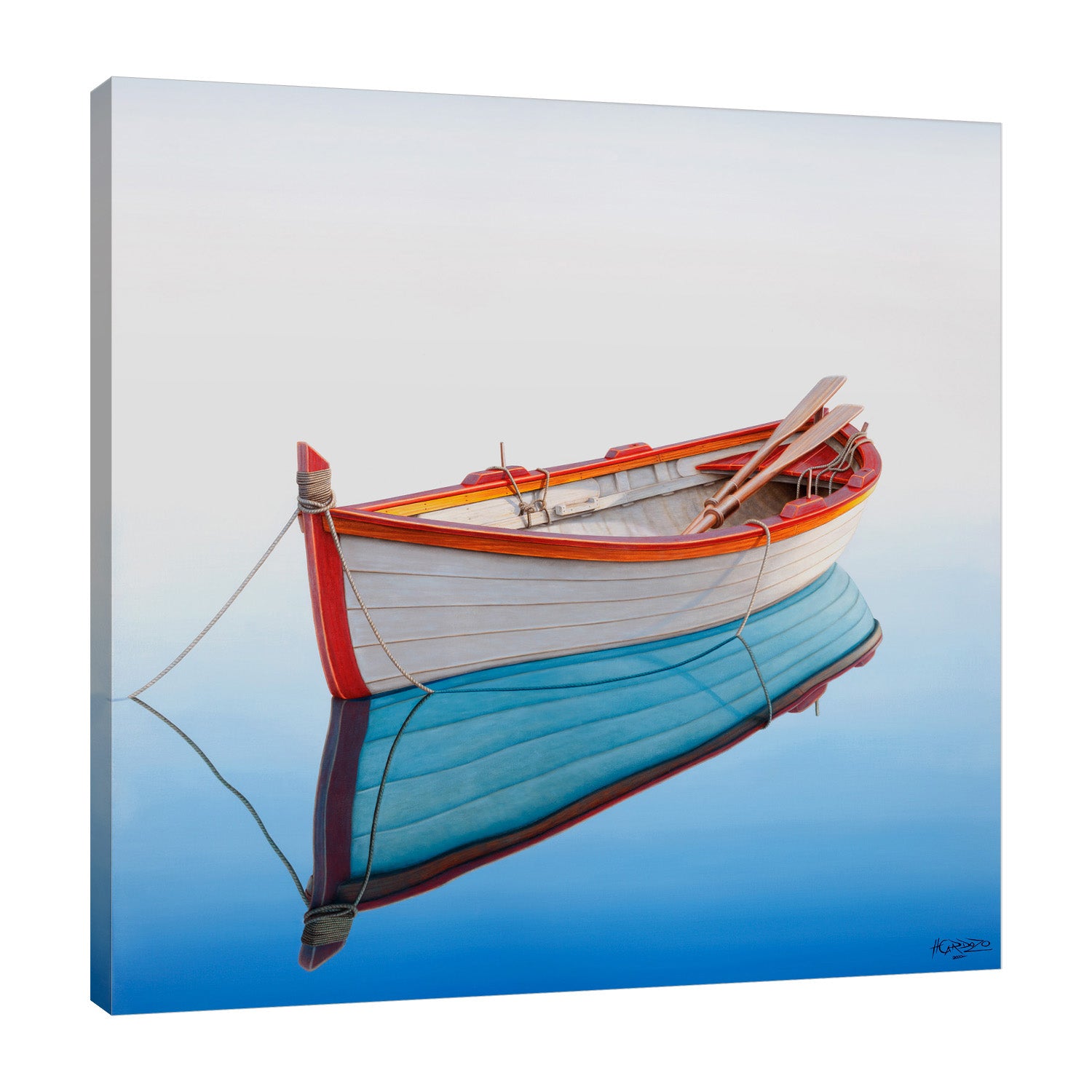 Horacio-Cardozo,Coastal,Modern & Contemporary,Nautical & Beach,Transportation,coastal,boat,boats,oars,oars,rowboat,rowboats,seas,sea,oceans,ocean,tranquil,bay,bays,rope,ropes,peaceful,peace,landscape,Mint Green,Purple,Navy Blue,Sea Green,Brown,White,Gray