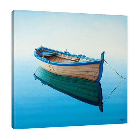 Horacio-Cardozo,Coastal,Modern & Contemporary,Nautical & Beach,Transportation,coastal,boat,boats,rowboat,rowboats,seas,sea,oceans,ocean,tranquil,bay,bays,rope,ropes,peaceful,peace,blue,landscape,Dark Pink,Blue,Green,Purple,Charcoal Gray,Gray,White,Black