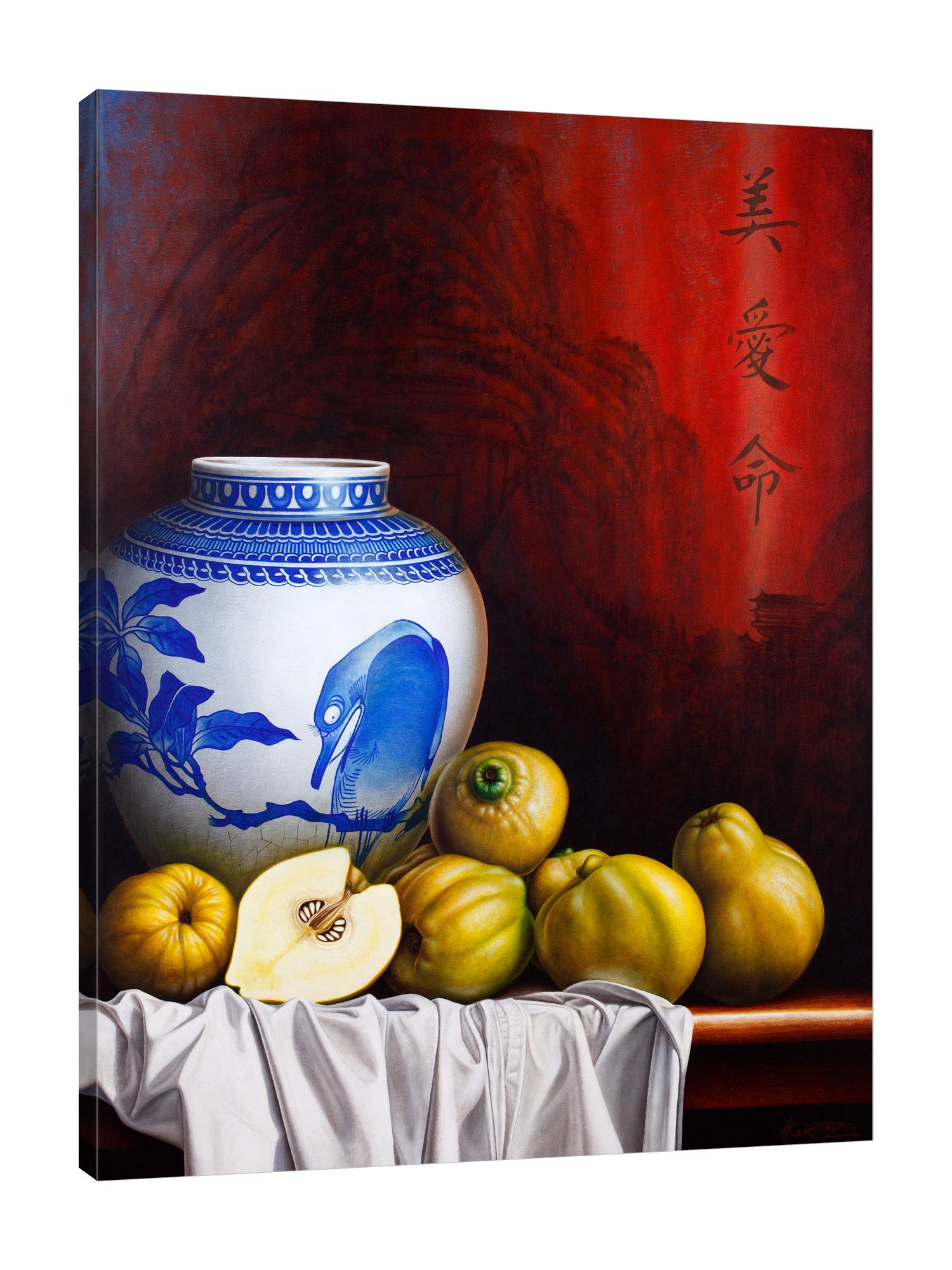 Horacio-Cardozo,Modern & Contemporary,Food & Beverage,Animals,fruits,fruit,jar,jars,animals,animal,birds,bird,leaves,leaf,tablecloth,table clothes,cloth,clothes,chinese,Red,Blue,Charcoal Gray,Sea Green,Gray,Purple