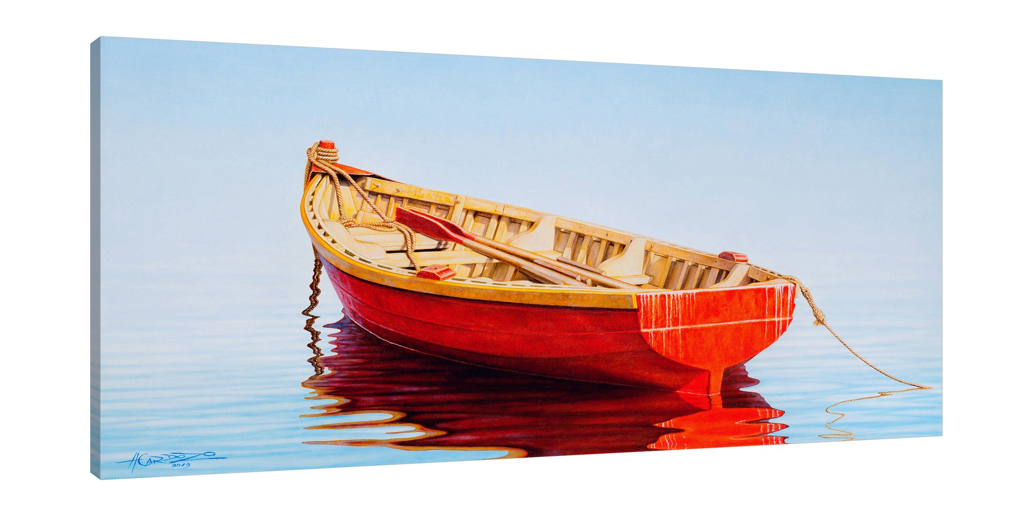 Horacio-Cardozo,Coastal,Modern & Contemporary,Nautical & Beach,Transportation,coastal,boat,boats,oars,oars,rowboat,rowboats,seas,sea,oceans,ocean,tranquil,bay,bays,rope,ropes,peaceful,peace,red,landscape,Lime Green,White,Gray,Charcoal Gray,Brown,Black,Mist Gray,Steel Blue