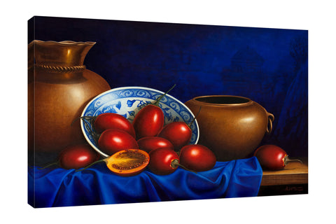 Horacio-Cardozo,Modern & Contemporary,Food & Beverage,Floral & Botanical,table,plate,plates,bowl,bowls,jar,jars,fruits,fruit,blue,cloth,clothes,tablecloth,florals,floral,flower,flowers,Red,Charcoal Gray,Gray,Blue,Baby Blue,Black