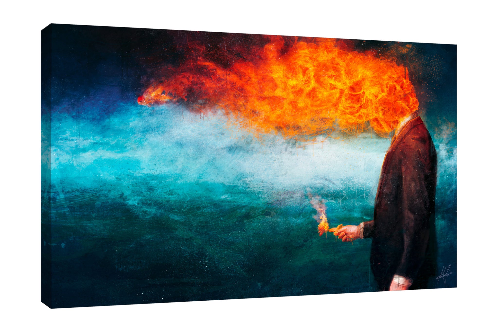 Mario-Sanchez-Nevado,Horizontal,3X2,Modern & Contemporary,Fantasy & Sci-Fi,man,men,businessman,business suit,suits,suit,fire,burning,burn,deep,blue,red,orange,Red,Gray,Cranberry Red,Mist Gray,White,Black
