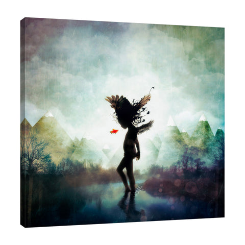 Mario-Sanchez-Nevado,Square,Modern & Contemporary,Fantasy & Sci-Fi,People,Animals,kid,child,angel,mountain,mountains,skies,sky,clouds,cloud,spots,spot,trees,tree,fantasy,wings,wing,fish,gold fish,animals,animal,silhoutte,Red,Black,Gray,Blue,Lime Green,Steel Blue,Pale Green,Charcoal Gray