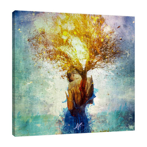 Mario-Sanchez-Nevado,Square,Modern & Contemporary,Fantasy & Sci-Fi,People,woman,women,lady,forgiveness,trees,tree,blue,dress,starry,stars,nature,blue,leaves,leaf,yellow,gold,Red,Charcoal Gray,Pale Green,Seashell White,Black,Gray