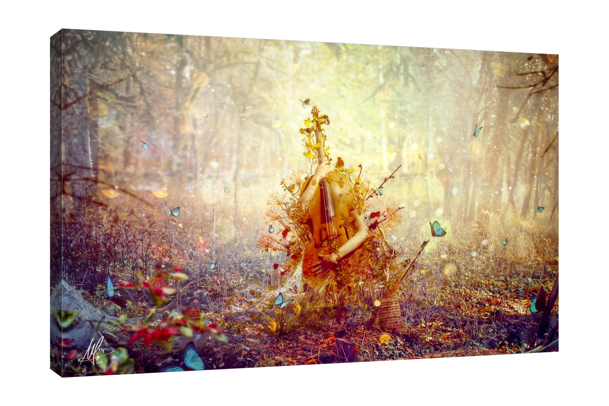 Mario-Sanchez-Nevado,Horizontal,3X2,Modern & Contemporary,Fantasy & Sci-Fi,People,woman,women,lady,music,musician,musicians,musical,animals,animal,butterfly,butterflies,leaves,leaf,spots,spot,gold,trees,tree,forest,forests,nature,grass,cielo,Red,Gray,Rose Red,Mist Gray,Slate Gray,Mint Blue,Black,Blue