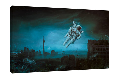 Mario-Sanchez-Nevado,Horizontal,3X2,Modern & Contemporary,Fantasy & Sci-Fi,People,space,cloud,skies,sky,jellyfish,blue,buildings,building,cityscrapes,cityscrape,galaxy,spacesuit,spacesuits,Sea Green,Charcoal Gray,Gray,White,Black