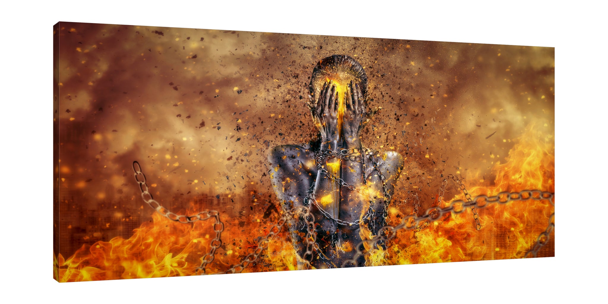 Mario-Sanchez-Nevado,Horizontal,2X1,Modern & Contemporary,Fantasy & Sci-Fi,People,woman,women,lady,chains,chain,through ashes rises,ashes,ash,fire,burning,burn,ash,brown,gold,golden,orange,yellow,Red,Gray,Purple,Brown,Black,Green