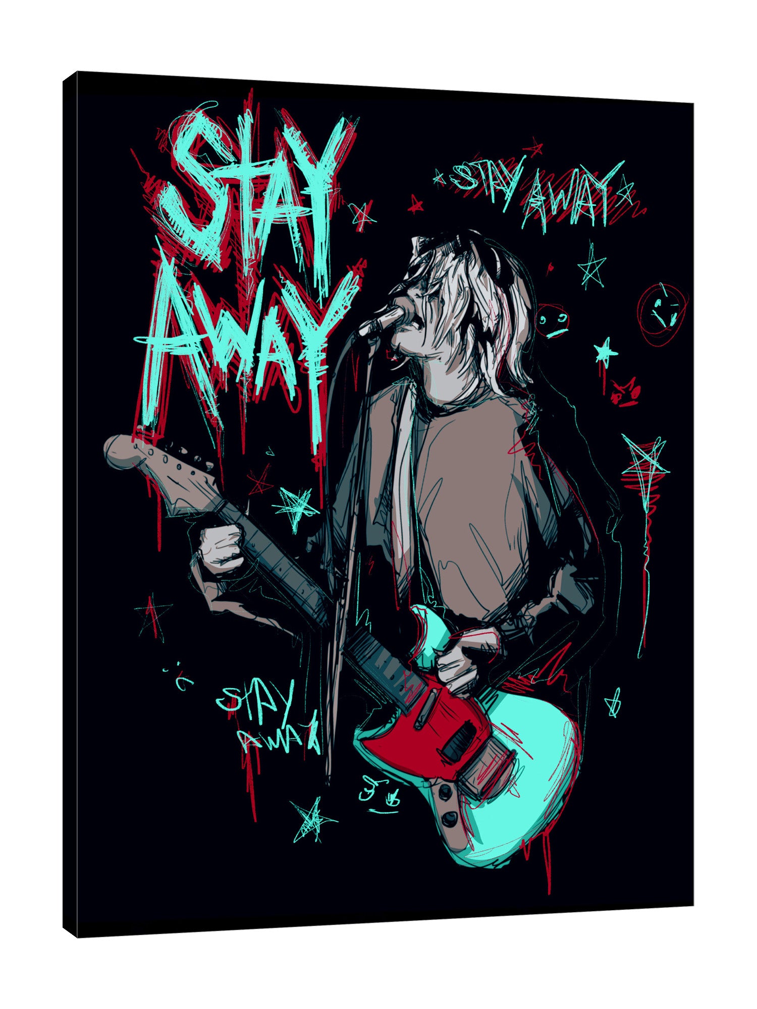 Ludwig-Van-Bacon,Vertical,3X4,Modern & Contemporary,People,Entertainment,entertainer,singer,musician,guitar,guitars,scribble,scribbles,words,stay away,star,stars,singing,mic,music,Forest Green,Red,Black,Charcoal Gray,Purple,Blue