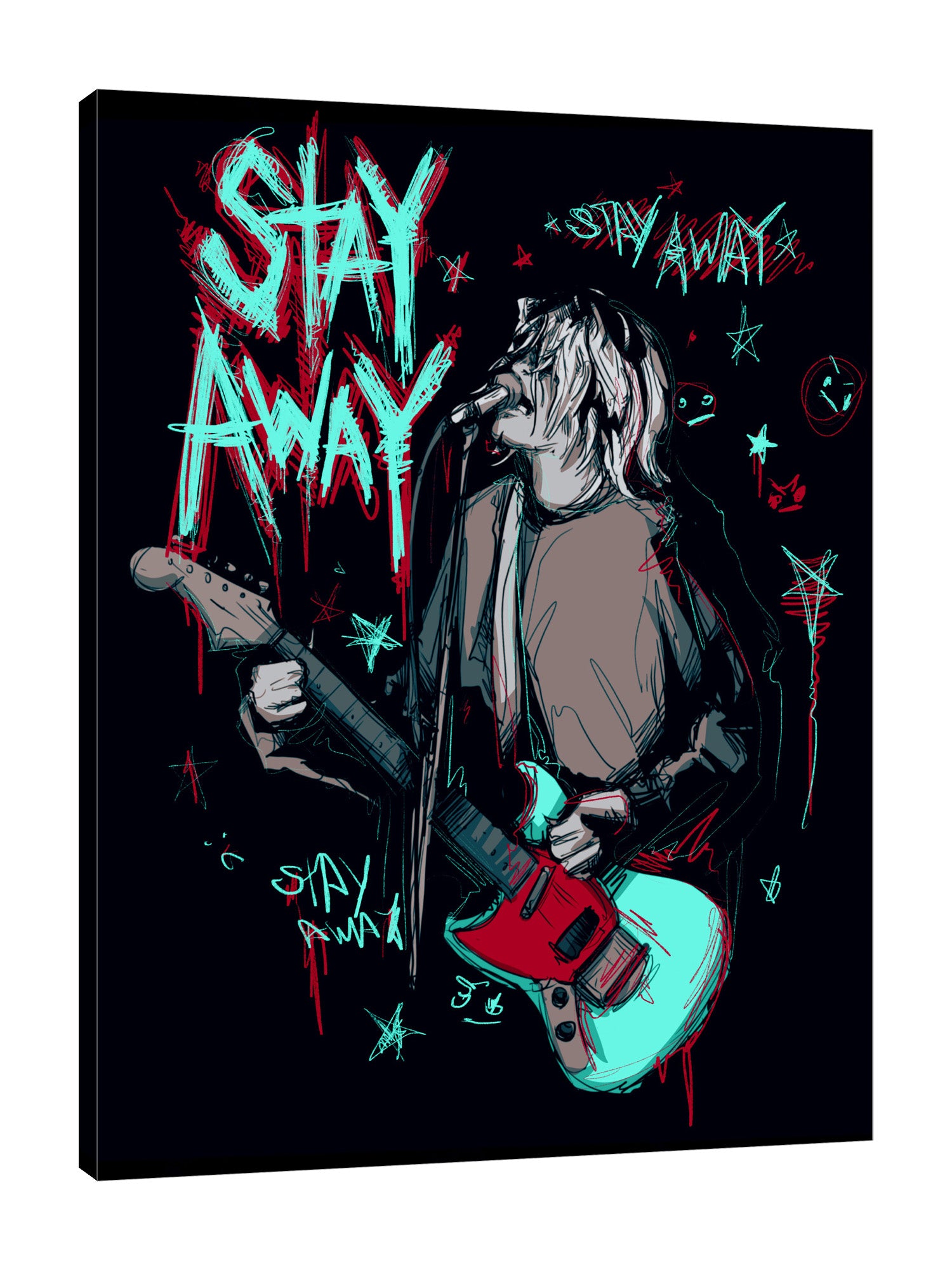 Ludwig-Van-Bacon,Vertical,3X4,Modern & Contemporary,People,Entertainment,entertainer,singer,musician,guitar,guitars,scribble,scribbles,words,stay away,star,stars,singing,mic,music,Forest Green,Red,Black,Charcoal Gray,Purple,Blue