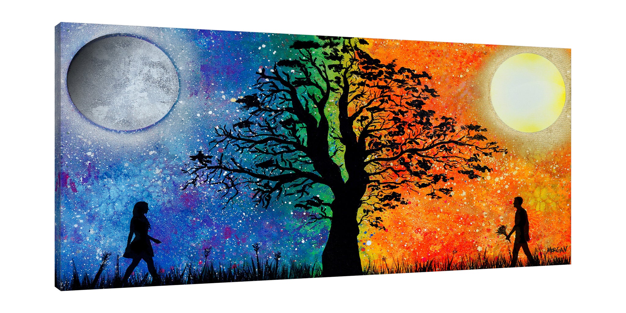 Morgan-Richardson,Horizontal,2X1,Modern & Contemporary,People,Entertainment,Landscape & Nature,couple,people,night,day,sun,moon,trees,tree,hope,passion,love,blue,yellow,Red,Lavender Purple,Gray,Mint Green,Sea Green,Blue,Black,Charcoal Gray,Green