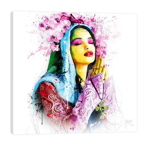Patrice-Murciano,Modern & Contemporary,People,Fashion,florals,flowers,woman,lady,praying,cross,faith,spiritual,splatters,ombre,Nude White,Gray,White,Mist Gray,Red,Sea Green,Blue
