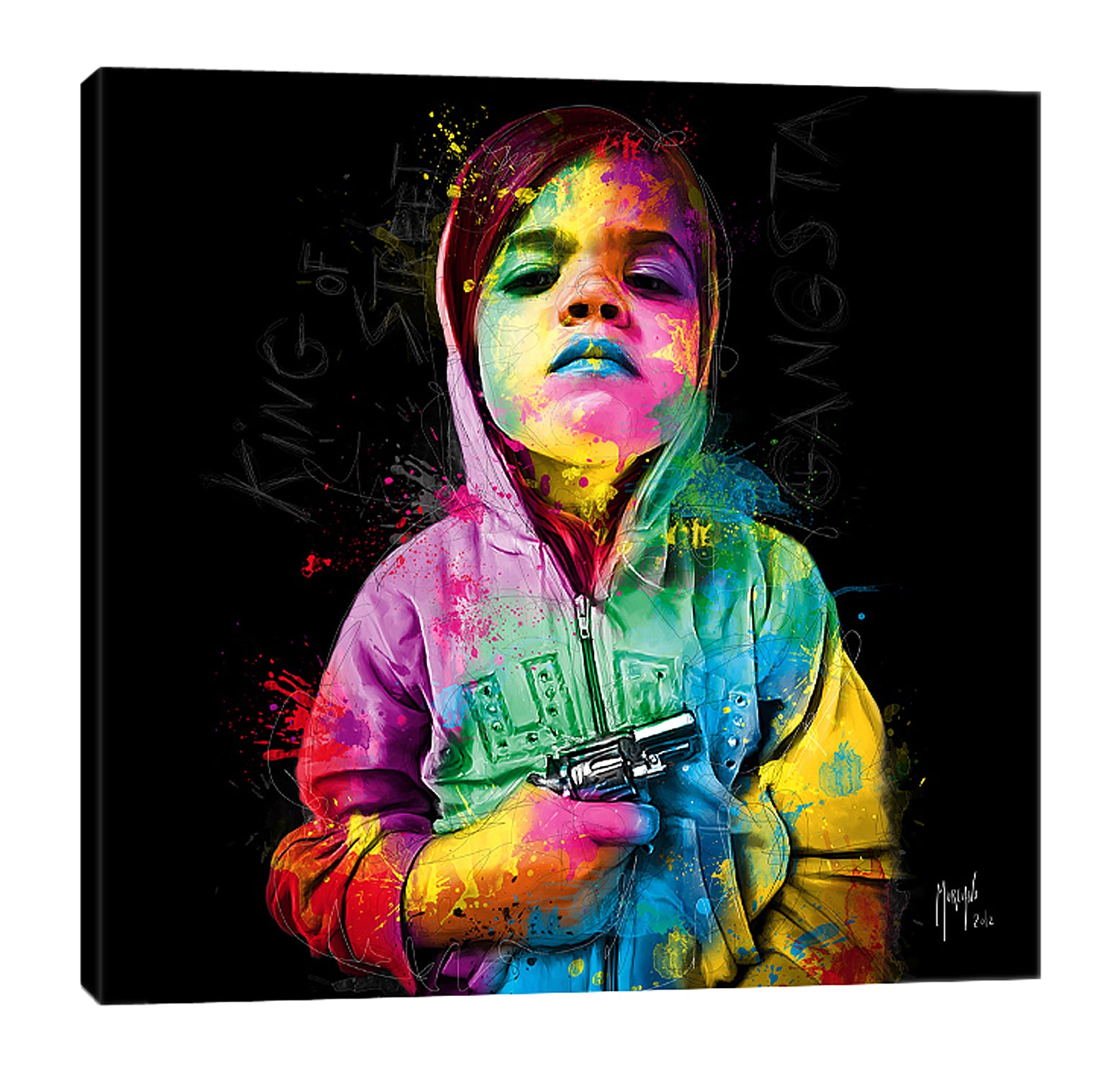 Patrice-Murciano,Modern & Contemporary,People,gangsta child,child,gun,guns,violence,hoodie,ombre,splatters,Charcoal Gray,Sky Blue,Green,Lavender Purple,Brown,Baby Blue,White,Black