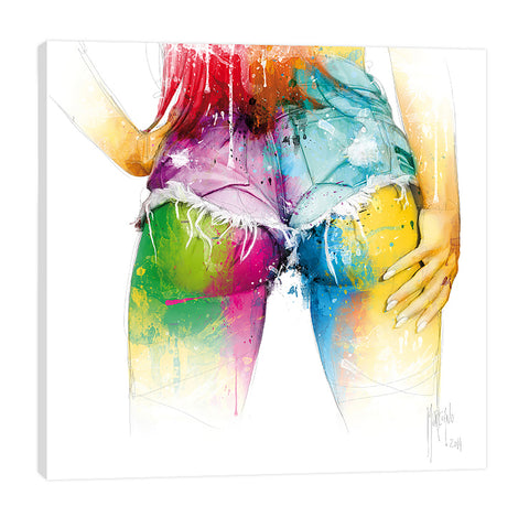 Patrice-Murciano,Modern & Contemporary,People,preston lee,woman,lady,butt,shorts,jeans,ombre,fashion,splatters,Pale Yellow,White,Purple,Blue,Salmon Pink,Cranberry Red